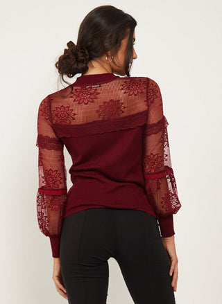 Lace Long Sleeved Knitted Top in Burgundy - ANGELEYE