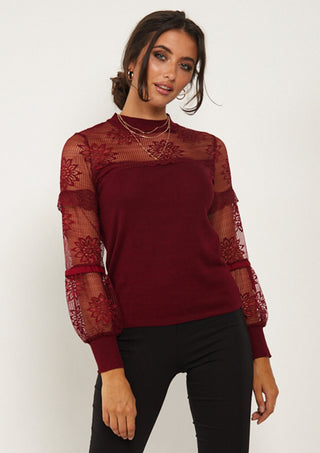 Lace Long Sleeved Knitted Top in Burgundy - ANGELEYE