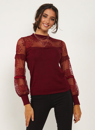 Lace Long Sleeved Knitted Top in Burgundy - ANGELEYE