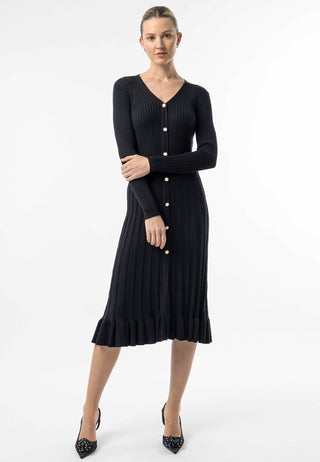 Black Knit Button Midi Dress with Ruffle Hem - ANGELEYE
