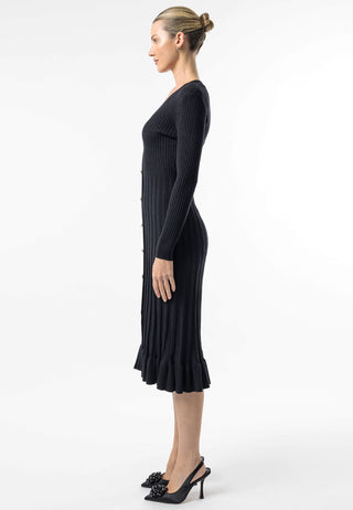 Black Knit Button Midi Dress with Ruffle Hem - ANGELEYE