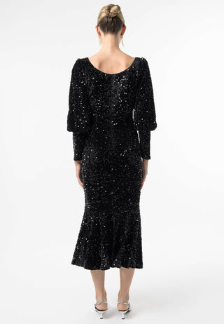 Sequin Velvet Bodycon Long Sleeve Evening Dress In Black - ANGELEYE