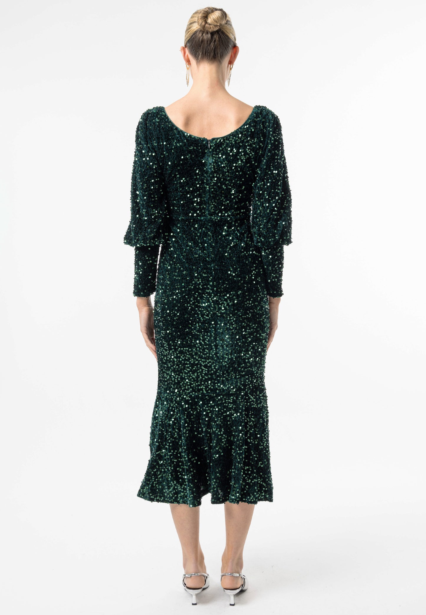 Sequin Velvet Bodycon Long Sleeve Evening Dress In Green - ANGELEYE