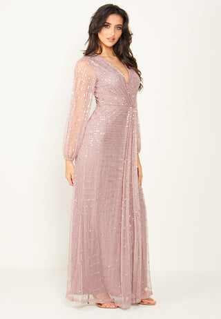 Embellished Long Mesh Sleeve Maxi Dress in Lavender - ANGELEYE