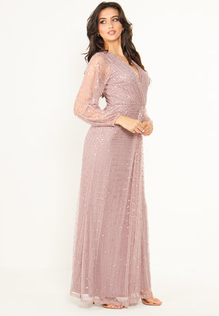 Embellished Long Mesh Sleeve Maxi Dress in Lavender - ANGELEYE