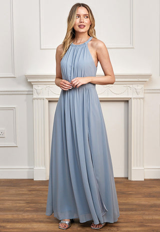 Halter Neck Maxi Dress With Leg Slit in Blue Grey - ANGELEYE