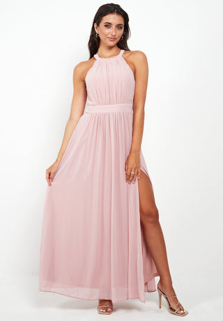 Halter Neck Maxi Dress With Leg Slit In Pink - ANGELEYE