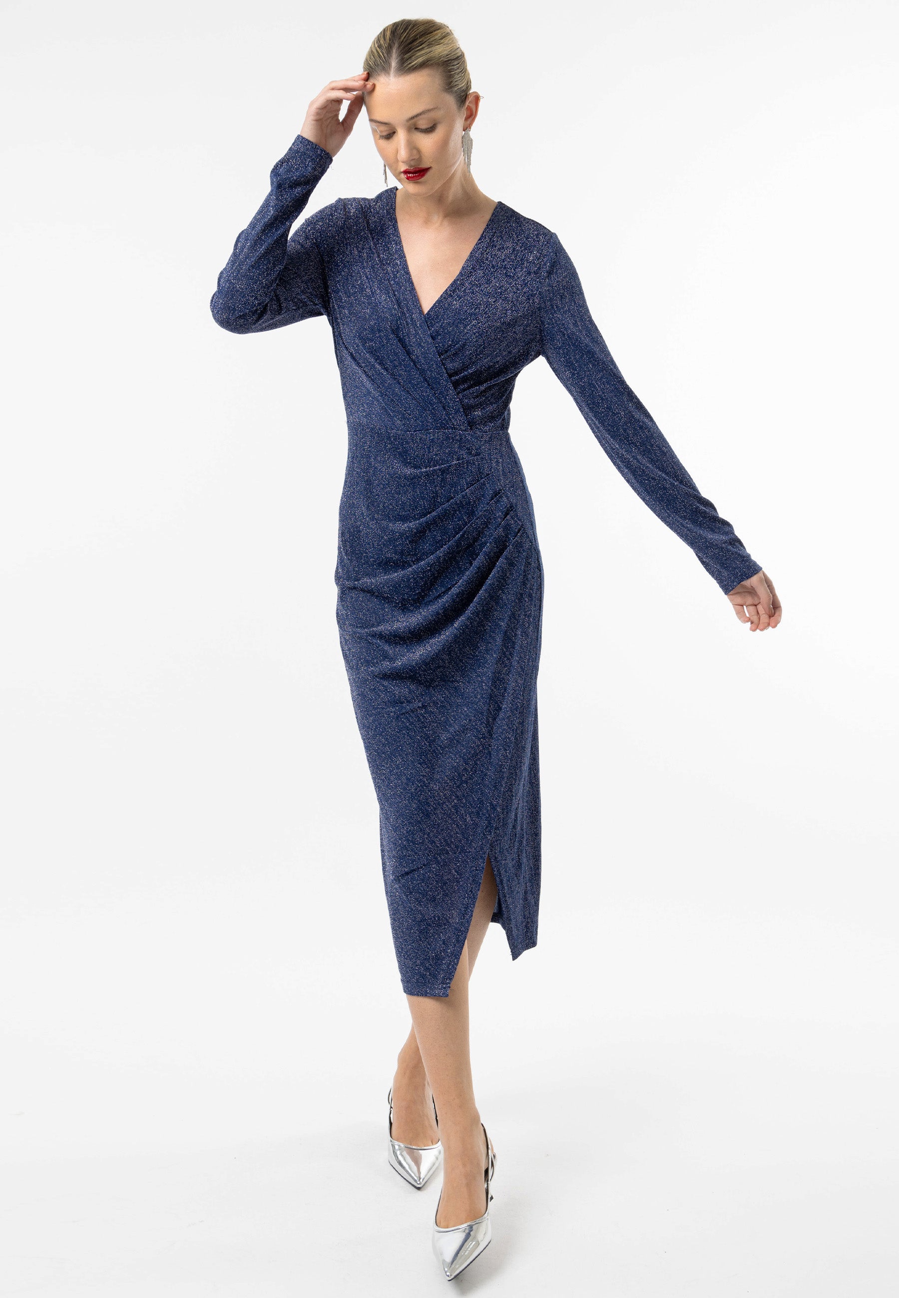 ANGELEYE Metallic Long Sleeve Faux Wrap Midi Dress in Navy Silver