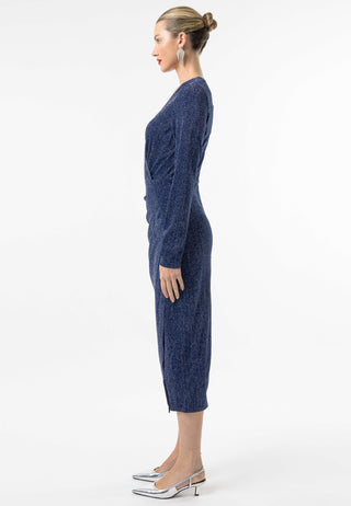 Metallic Long Sleeve Faux Wrap Midi Dress in Navy Silver - ANGELEYE