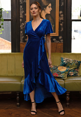 Glitter Velvet Wrap Dress with Ruffle Hem - ANGELEYE