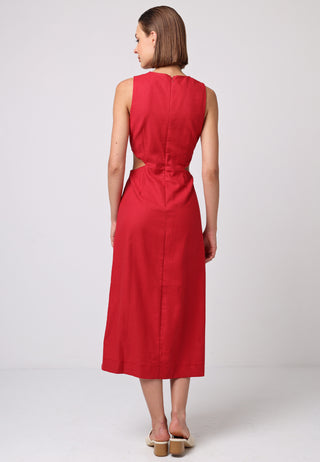 Linen Side Cut Out Midi Dress in Red