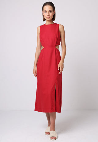 Linen Side Cut Out Midi Dress in Red