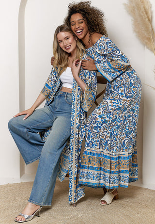 Bardot Top Maxi Skirt Co-ord in Blue Boho Print