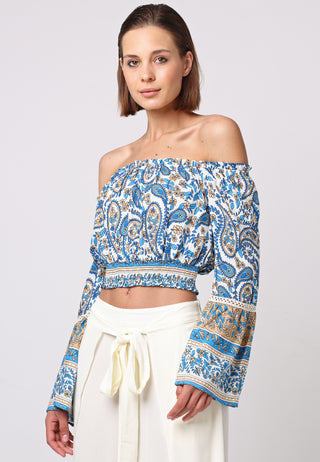 Bardot Top Maxi Skirt Co-ord in Blue Boho Print