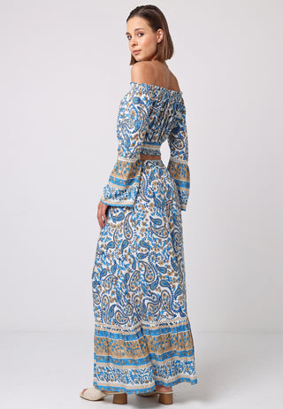 Bardot Top Maxi Skirt Co-ord in Blue Boho Print