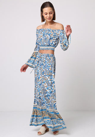 Bardot Top Maxi Skirt Co-ord in Blue Boho Print