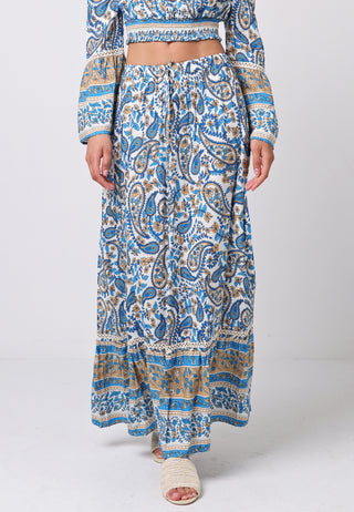 Bardot Top Maxi Skirt Co-ord in Blue Boho Print