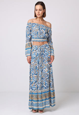 Bardot Top Maxi Skirt Co-ord in Blue Boho Print