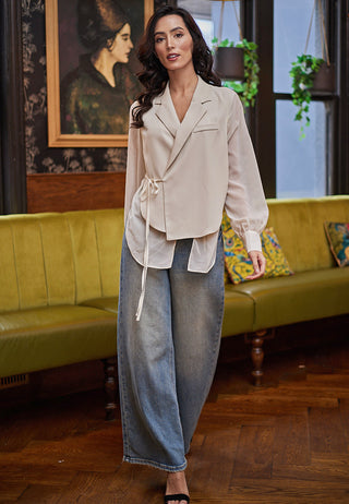 Side Tie Wrap Layered Blouse in Cream