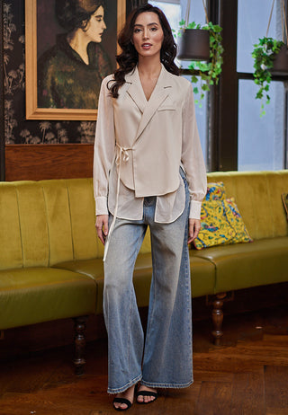 Side Tie Wrap Layered Blouse in Cream