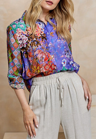 Viscose Silk Shirt in Purple Garden Print