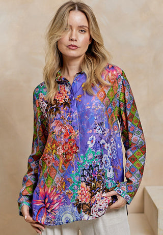 Viscose Silk Shirt in Purple Garden Print