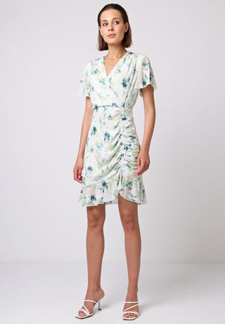 Peplum Hem Ruched Mini Wrap Dress in Green Floral