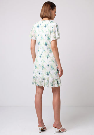 Peplum Hem Ruched Mini Wrap Dress in Green Floral