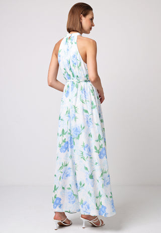 Chiffon Halter Neck Maxi Dress in Blue Floral