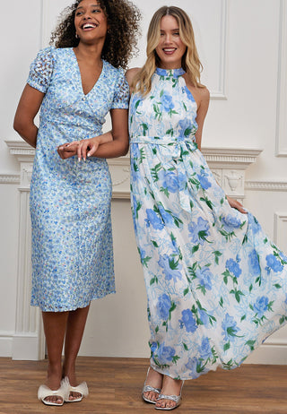 Chiffon Halter Neck Maxi Dress in Blue Floral
