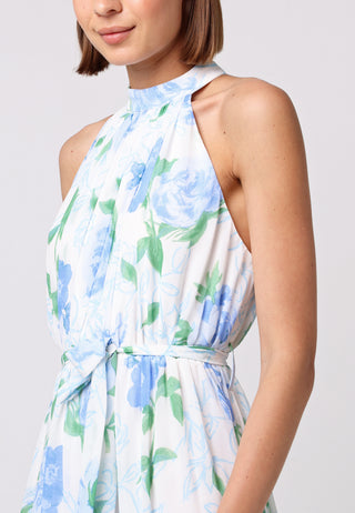 Chiffon Halter Neck Maxi Dress in Blue Floral