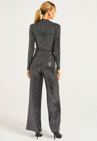 Sequin Plunge Neck Faux Wrap Jumpsuit in Silver - ANGELEYE