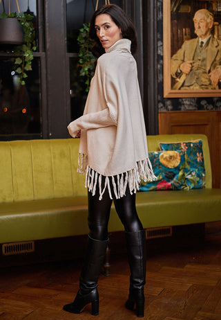 Fringe High Neck Oversized Jumper in Cream