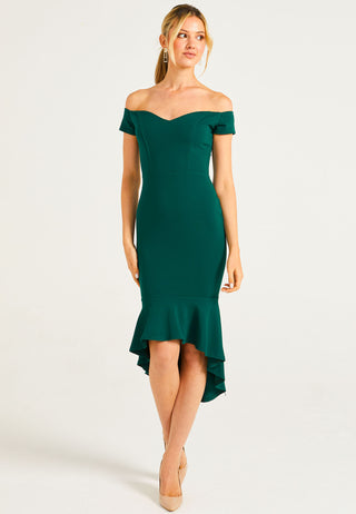 Bardot Sweetheart BodyCon Dress With Asymmetrical Frill Hem - ANGELEYE