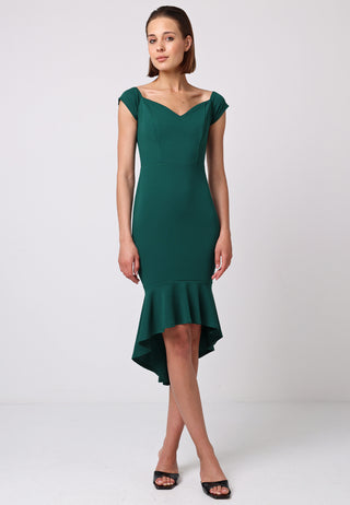 Bardot Sweetheart Bodycon Dress With Asymmetrical Frill Hem - ANGELEYE
