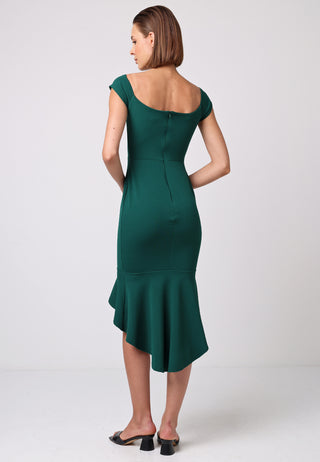 Bardot Sweetheart Bodycon Dress With Asymmetrical Frill Hem - ANGELEYE