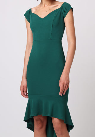 Bardot Sweetheart Bodycon Dress With Asymmetrical Frill Hem - ANGELEYE