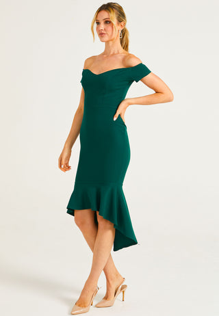 Bardot Sweetheart BodyCon Dress With Asymmetrical Frill Hem - ANGELEYE