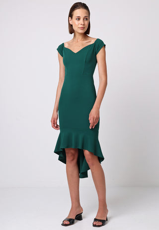Bardot Sweetheart Bodycon Dress With Asymmetrical Frill Hem - ANGELEYE