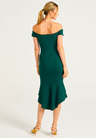 Bardot Sweetheart BodyCon Dress With Asymmetrical Frill Hem - ANGELEYE