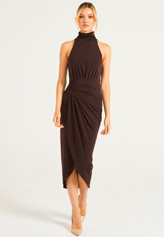 Halter Neck Faux Wrap Dress In Chocolate Brown - ANGELEYE