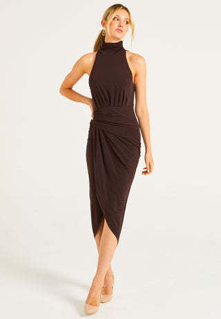 Halter Neck Faux Wrap Dress In Chocolate Brown - ANGELEYE