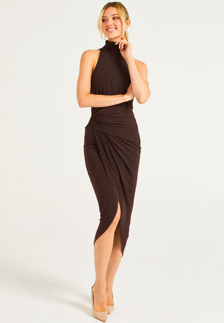 Halter Neck Faux Wrap Dress In Chocolate Brown - ANGELEYE
