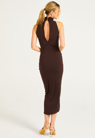 Halter Neck Faux Wrap Dress In Chocolate Brown - ANGELEYE