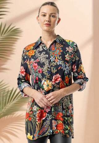 Viscose Twill Shirt in Black Garden Print