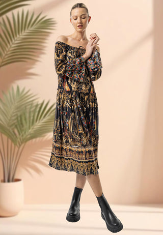Bardot Midi Dress in Black Floral Print