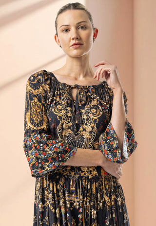 Bardot Midi Dress in Black Floral Print