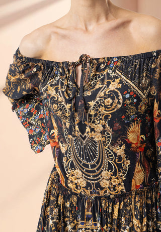 Bardot Midi Dress in Black Floral Print