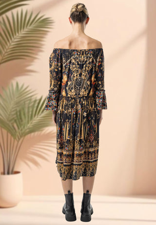 Bardot Midi Dress in Black Floral Print