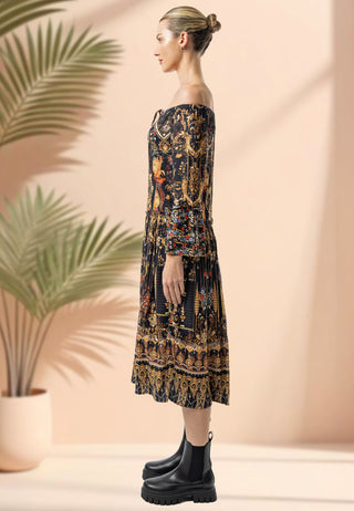 Bardot Midi Dress in Black Floral Print